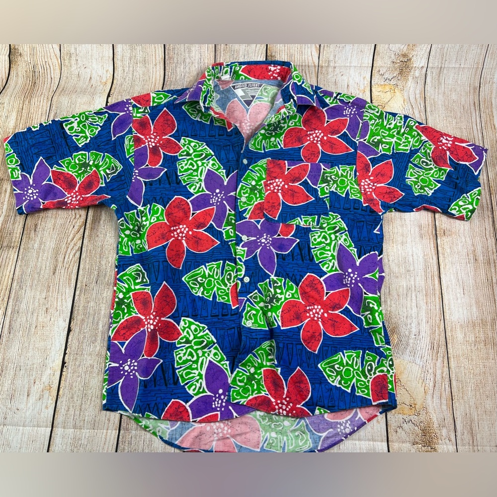 Vintage 90s Angels Flight Hawaiian Retro Button Colorful Shirt Medium USA Made